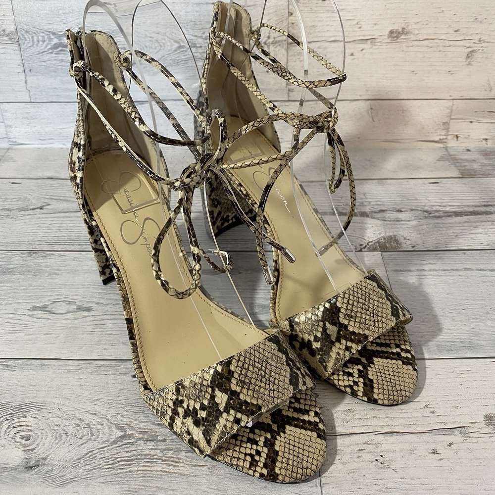 Jessica Simpson Block Heel Sandals Womens 9.5 M Snakeskin Nehah Ankle Wrap Strap
